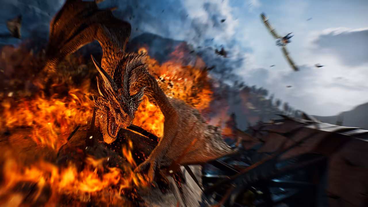 A motion-blurred image. At left a dragon with ridged horns, open jaws and bronze scales lunges through a wall of orange fire over broken wooden beams and rooftops. At upper right a small figure hangs beneath a glider with two long, narrow striped wings against a cloudy blue sky. No game interface is shown.