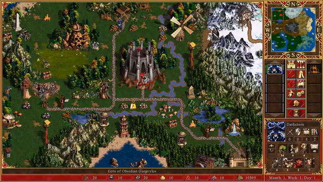 A top-down fantasy map with green grass, pine forest and snowy mountains. A gray stone town with spires sits in the middle, ringed by roads. Around it are a windmill, a building shaped like a skull, an obelisk, small huts and treasure. A minimap, hero portraits and buttons fill the right edge; the bar reads Lots of Obsidian Gargoyles.