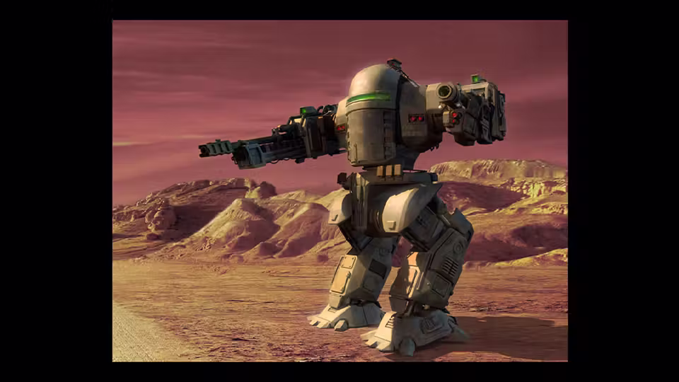 Rendered image of a large walking robot with a boxy body and gun barrels on its arms, standing on reddish ground with cliffs behind.