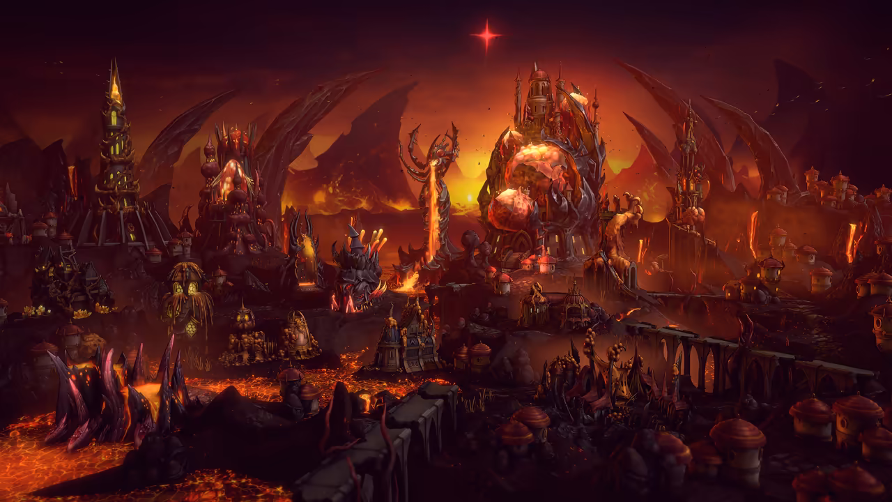 A hellish town glowing red and orange. Black curved spikes and twisted towers rise from cracked ground cut by flowing lava, with a large swollen dome in the center and small round huts in the foreground. A single red star shines in the dark sky.