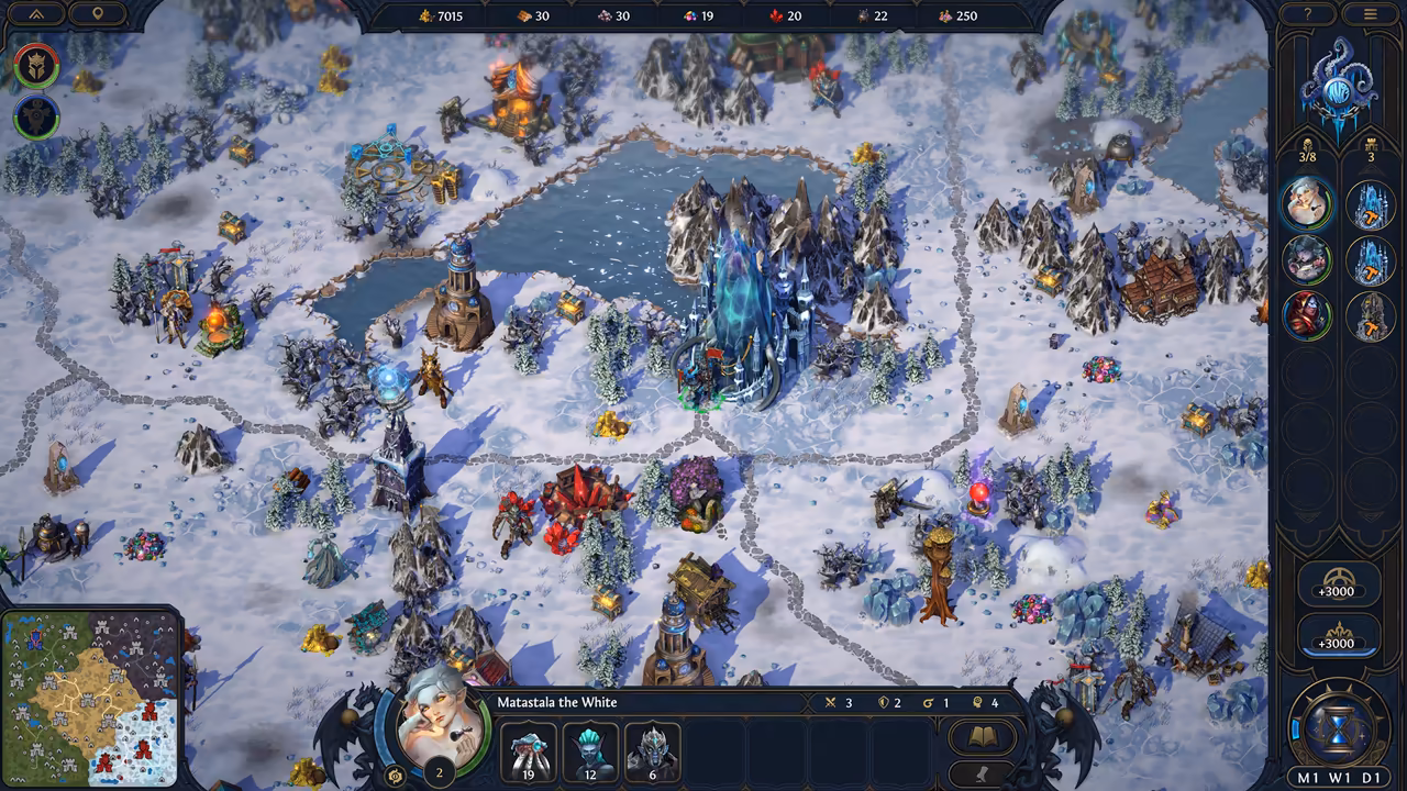 A white winter map with gray stone roads, frozen trees and blue ice. In the center a tall blue crystal town stands at the edge of a frozen lake, a hero beside it. Towers, glowing shrines, a red crystal mine and treasure chests are scattered around. The bottom bar shows a white-haired woman named Matastala the White with three creature stacks.