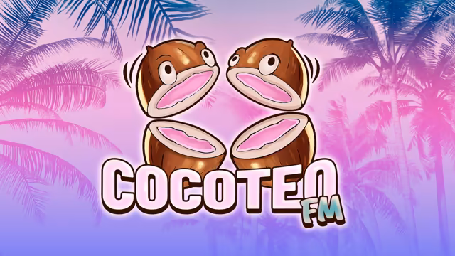 Cartoon art of two brown coconuts split open, each with wide eyes and a pink inside like an open mouth, stacked above chunky pink letters reading Cocoteo with a small FM, over silhouetted palm fronds fading from pink to purple.