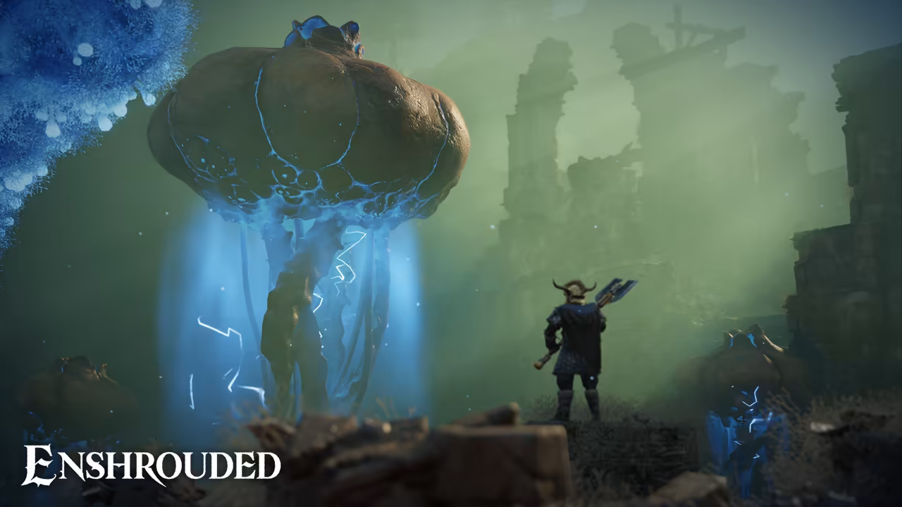 Green fog over a ruined landscape. At left floats an enormous creature with a brown, bulbous cap and long translucent blue tendrils crackling with lightning. At right a figure in a horned helmet and dark armor stands on a rock with a large axe on his shoulder. Broken stone towers rise in the haze, and blue crystal growths glow at the edges. The Enshrouded logo is at bottom left.