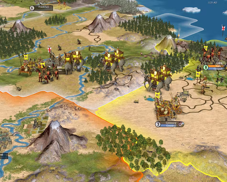 3D map of desert and grassland with orange and yellow borders, several elephants carrying towers, horses and carts, and labels for Coventry, Granary; York, Catapult; and Frankfurt.