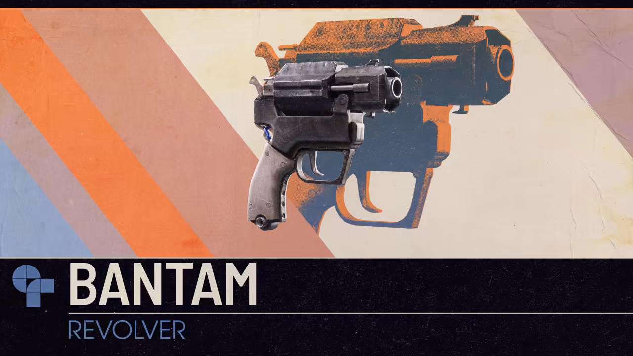 A short-barreled revolver in front of orange stripes, its blue silhouette behind it.