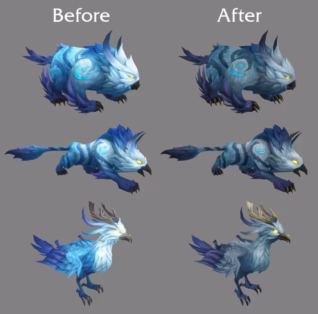 A gray sheet headed Before and After shows the same three creatures twice: a hulking feathered beast with a hooked beak, a long-tailed prowling beast with a striped body and a feathered crest, and an antlered bird. On the left they are bright, smooth sky blue and white; on the right the same models are a duller gray-blue with visible fur and feather texture, and the bird's antlers are paler.