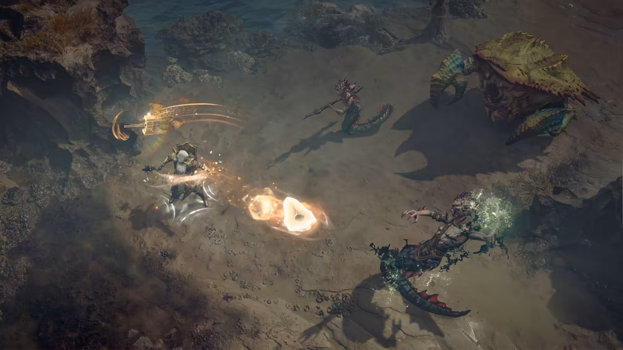 Top-down view of wet sand and rocks. A figure with a shield is circled by spinning gold hammers and fires a bright burst toward two snake-tailed women; a huge green crab with spiked claws looms at top right.