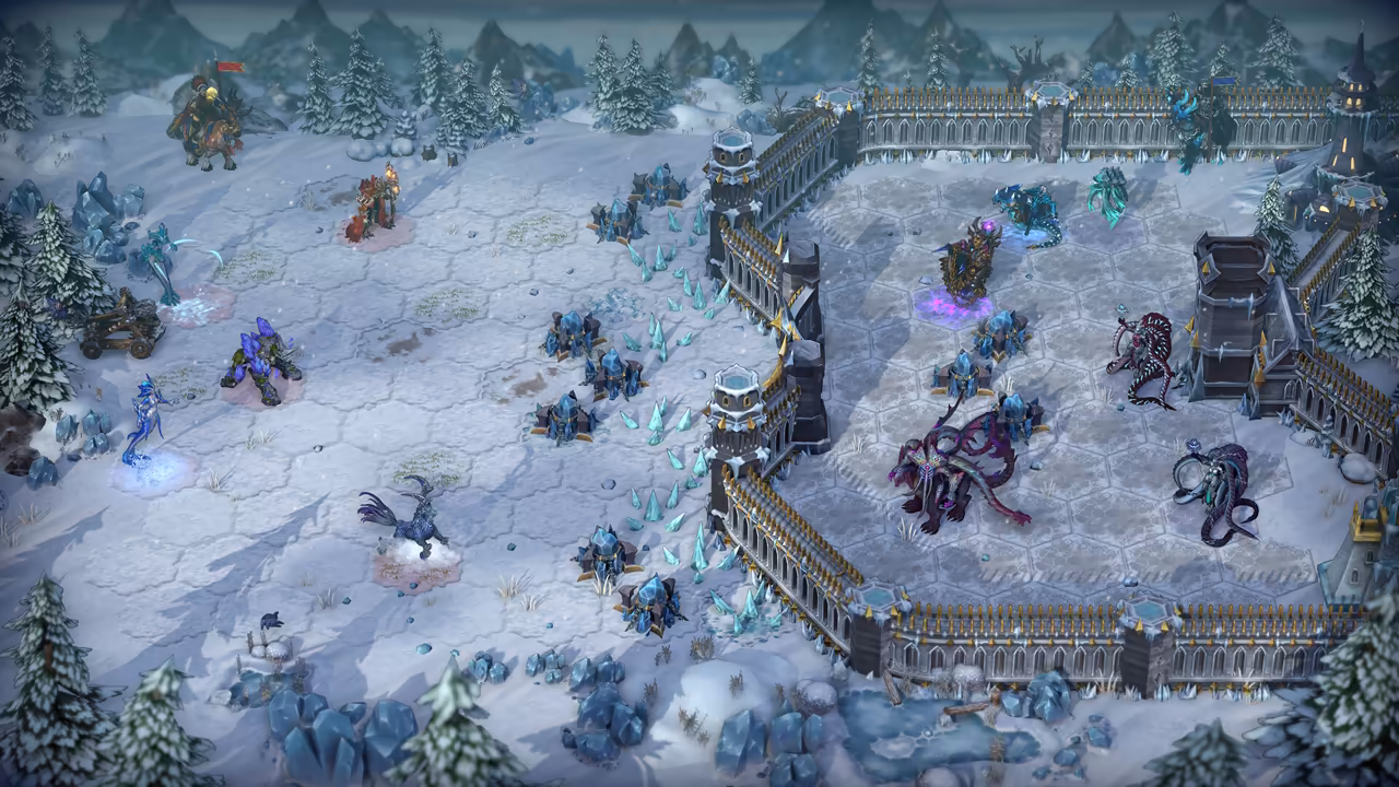 A winter battlefield with snow-laden pines. A gray fortress wall with towers runs from the top to the bottom right, enclosing a paved courtyard where purple tentacled monsters stand. Outside on the snow, blue crystal turrets and jagged ice shards line the wall, and attackers including a catapult, blue warriors and a mounted hero gather on the left.