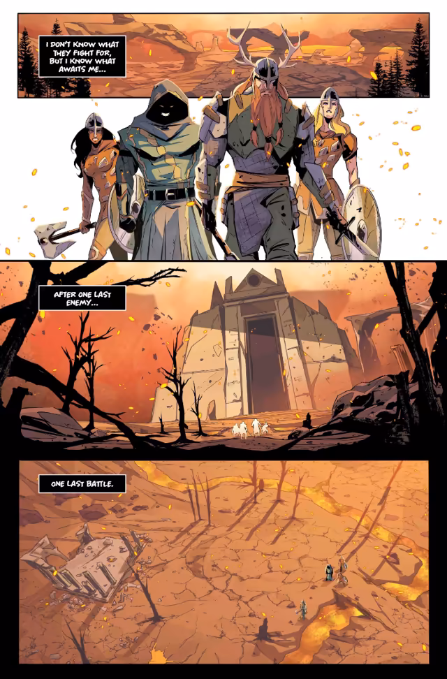 A colored comic page in three panels: four warriors stand side by side, two armored women with an axe and with a sword and shield, a grinning hooded figure and a red-bearded man in an antlered helmet; a towering stone temple with a dark doorway rises among bare black trees under an orange sky as small figures approach it; and tiny figures cross a cracked, lava-veined plain past a toppled stone ruin, with narration boxes in each panel.