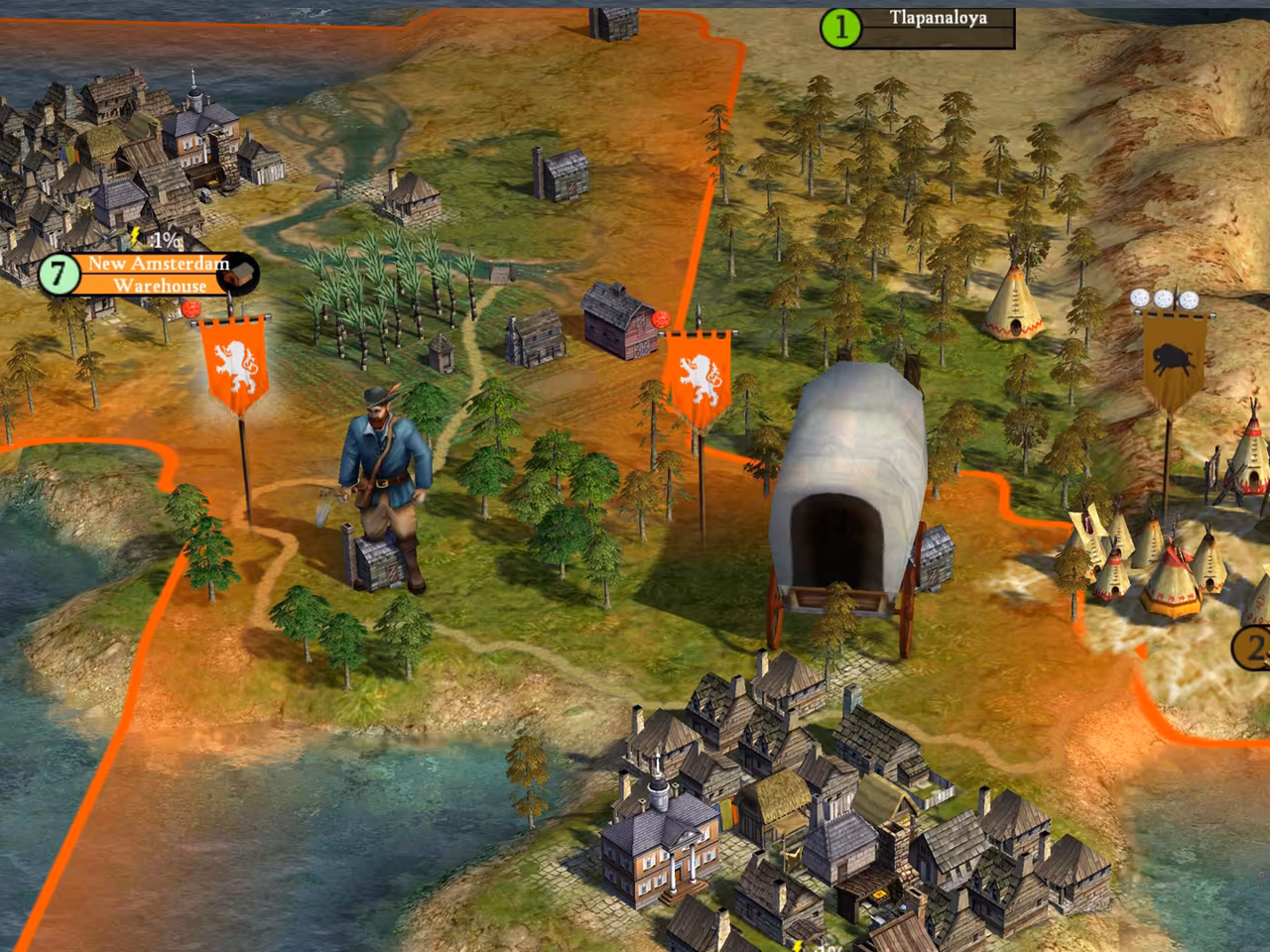 3D map with an orange border. A white covered wagon and a man in a blue coat stand on a path between fields and trees; a town label reads New Amsterdam, Warehouse, and orange banners with a lion fly beside it.