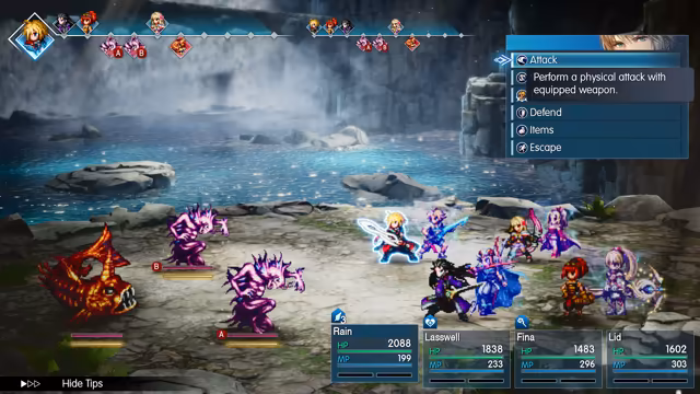 A battle screen beside a misty waterfall. At right, a party of pixel characters faces three enemies at left: a red spiny fish and two purple horned creatures marked A and B. A row of portraits across the top shows the turn order, a menu at right lists Attack, Defend, Items and Escape, and bars at the bottom give HP and MP for Rain (2088), Lasswell (1838), Fina (1483) and Lid (1602).