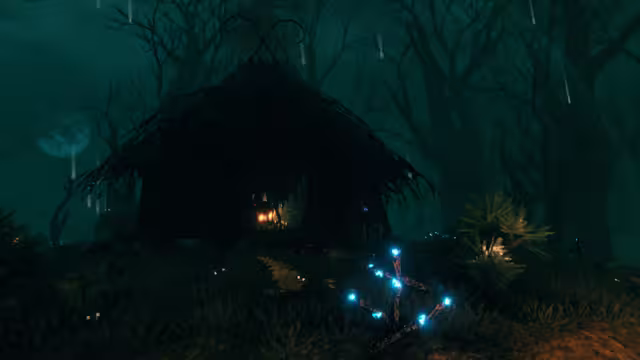 A dark thatched hut among dead trees in the rain at night, lit faintly from inside, with glowing blue plants in the foreground.