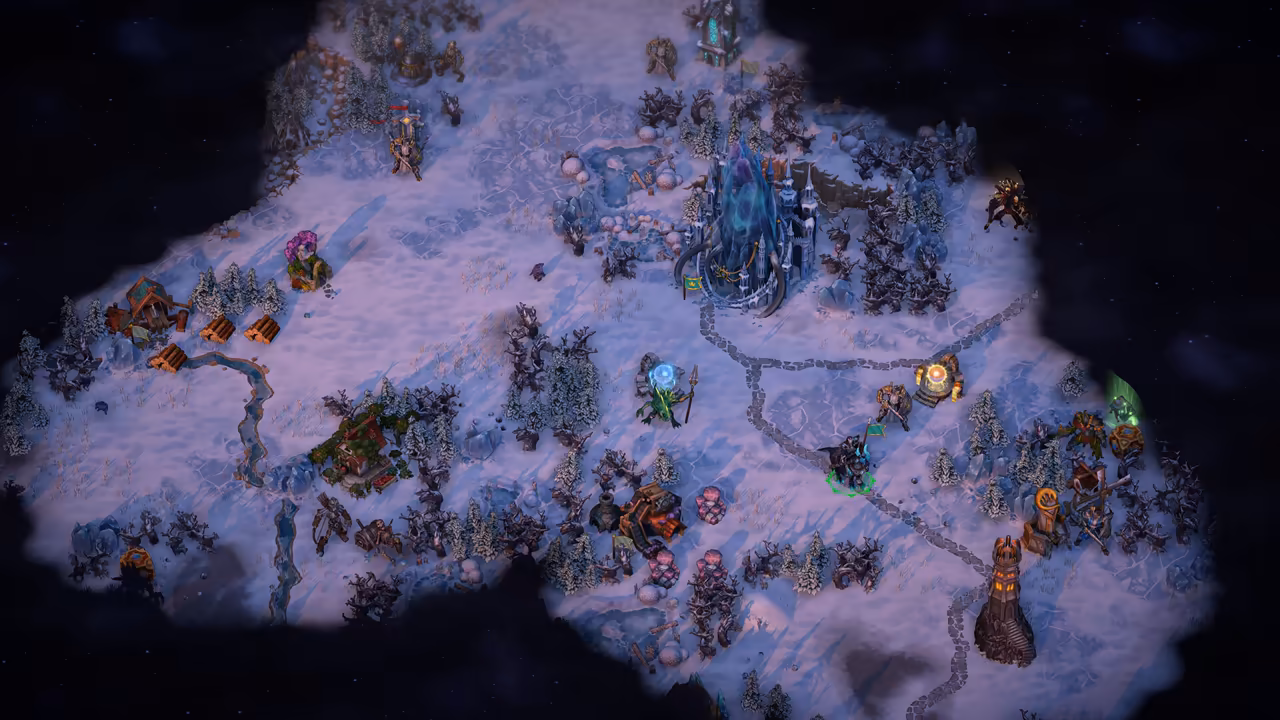 A lavender-tinted snowy map seen from above, ringed by black starry darkness where the land is unexplored. A blue crystal town with curved horns stands near the top center, stone roads lead to a hero at the right, and sawmills, a dark tower, creatures and bare trees are scattered across the snow.