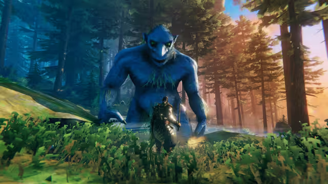 Screenshot of a huge blue troll standing over a small armored Viking among bushes and pine trees, sunlight behind them