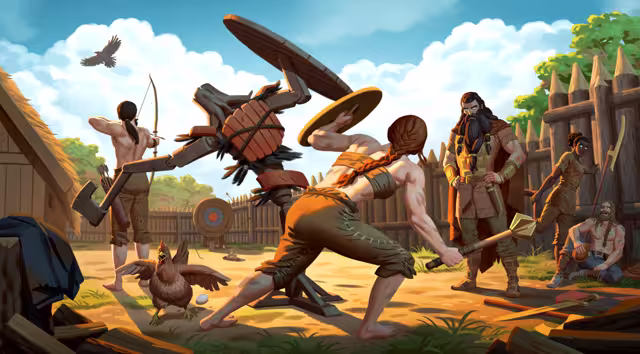 Painted key art of Vikings training in a palisaded yard: a woman with a round shield strikes a wooden dummy, an archer aims at a target, a bearded man in armor watches, a chicken runs past.