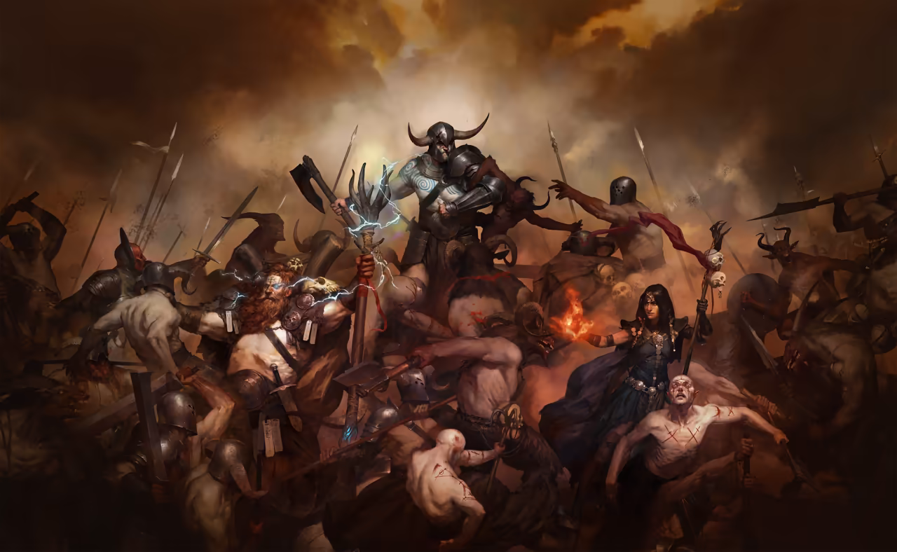A dense painting of battle. At center top a muscular warrior in a horned helmet raises an axe; at left a red-bearded man with a spiked staff crackles with blue lightning; at right a dark-haired woman in a long dark dress holds a ball of fire. Around them horned demons, helmeted soldiers with spears and half-naked cultists struggle under brown smoke and an orange sky.