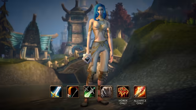 A woman with pale skin, glowing blue eyes, pointed ears and wavy blue hair stands in a cream top and cropped trousers with gold trim, holding a square silver-framed object. Behind her, out of focus, are a stone tower with a curved roof, a building with a wave-shaped teal roof, a wooden bridge and a grassy slope. Six square icons line the bottom: a sword, a bow, green-glowing daggers, a clawed paw, a red emblem labeled Horde only and a flaming crystal labeled Alliance only.