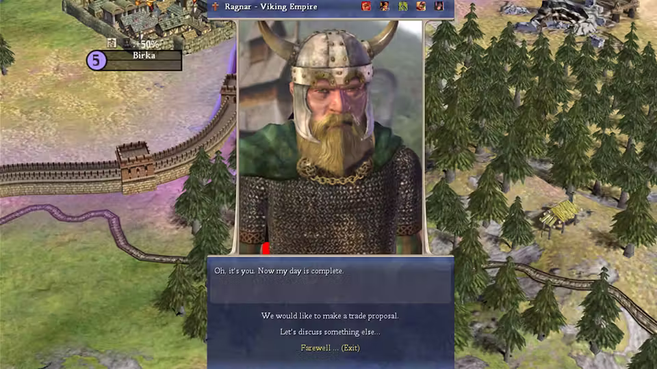 A game window over the map shows a bearded Viking leader in a helmet and chain mail; the title reads Ragnar, Viking Empire, and lines of dialogue below offer a trade proposal.