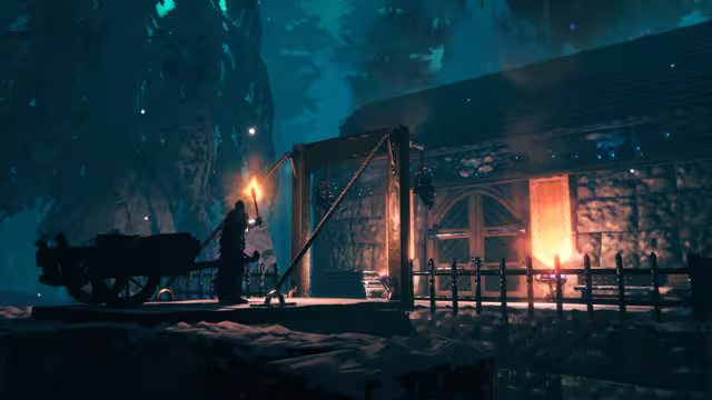 At night among snow-covered trees, a torch-carrying Viking hauls a wooden two-wheeled cart onto a drawbridge lowered on chains in front of a stone building with a glowing red banner and an iron fence.