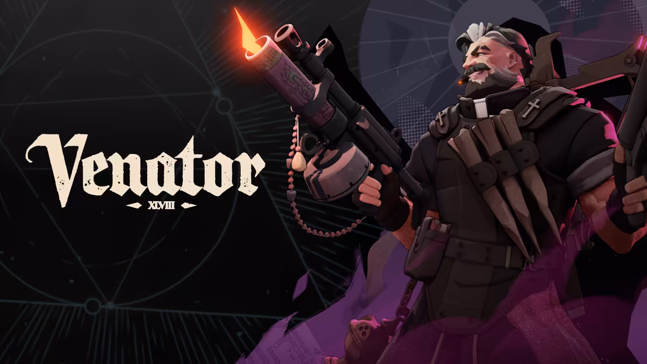 Painted bearded man in black with a white clerical collar, a cross on his chest and belts of pouches, holding a heavy gun topped by a lit candle, a rosary hanging down, beside the word Venator.