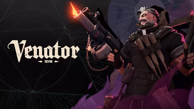 Painted bearded man in black with a white clerical collar, a cross on his chest and belts of pouches, holding a heavy gun topped by a lit candle, a rosary hanging down, beside the word Venator.