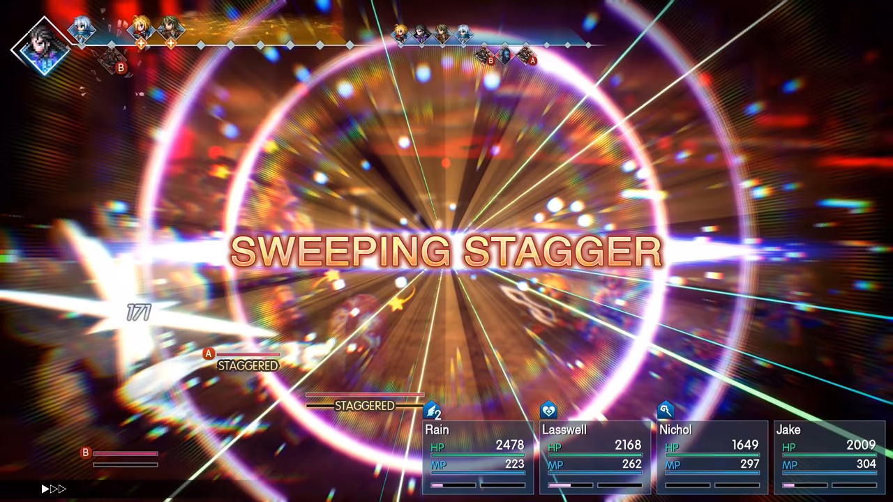 A battle screen filled with radiating light and confetti and the large words SWEEPING STAGGER. Two enemy health bars read STAGGERED, and the party bars at the bottom name Rain, Lasswell, Nichol and Jake with their HP and MP.