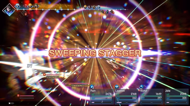 A battle screen filled with radiating light and confetti and the large words SWEEPING STAGGER. Two enemy health bars read STAGGERED, and the party bars at the bottom name Rain, Lasswell, Nichol and Jake with their HP and MP.