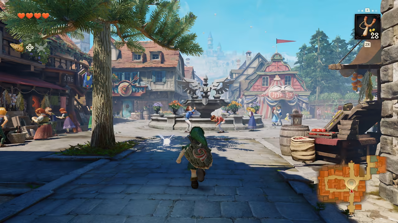 A sunny town square seen over the shoulder of a boy in a green cap and tunic running on cobblestones with a fairy beside him. Townspeople mill around a stone fountain topped by a winged statue among half-timbered shops and market stalls, with a castle's towers in the distance. Four hearts sit at top left, a slingshot icon with the number 28 and a ZR label at top right, and a map of the square at bottom right.