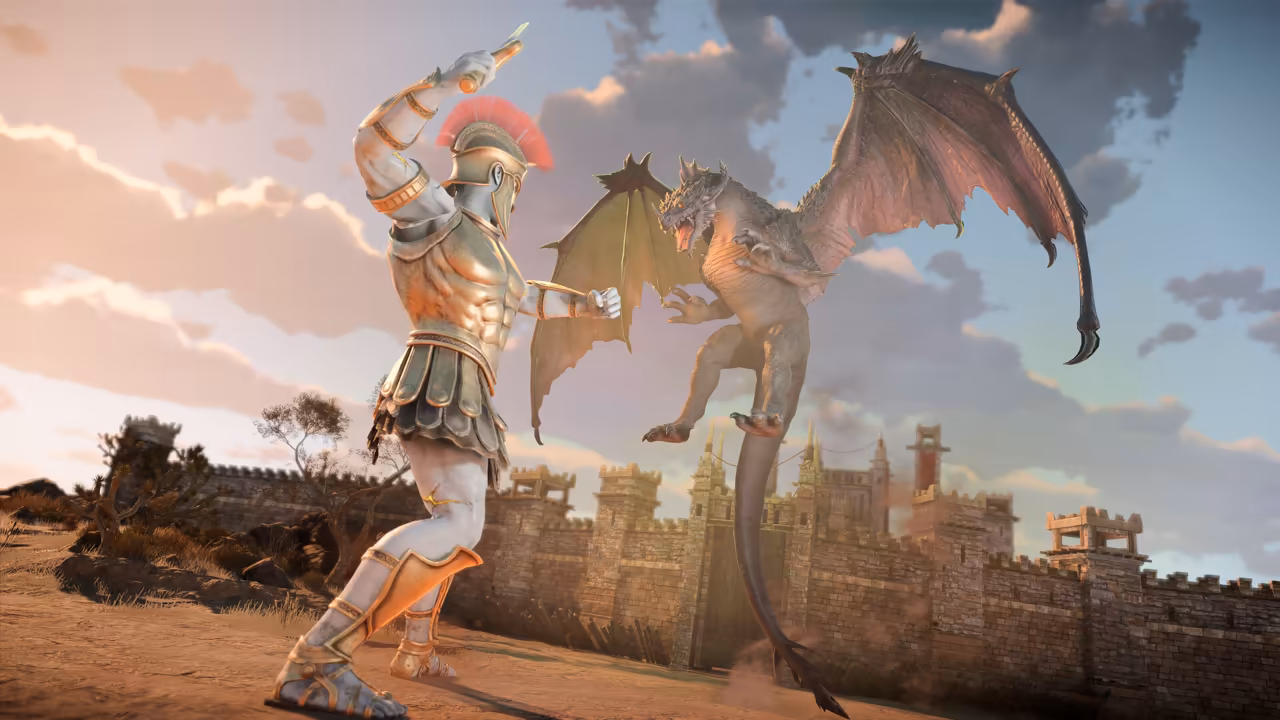 A 3D scene on dry ground before a long stone castle wall. A muscular warrior in a red-crested helmet, breastplate and greaves strikes upward while a gray dragon with leathery wings leaps at him.