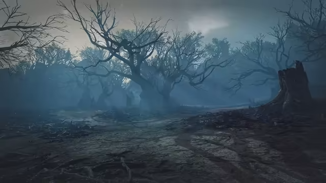 Leafless, gnarled trees with sprawling branches stand over a dark forest floor of dead roots and a broad stump, all washed in cold blue mist and light.