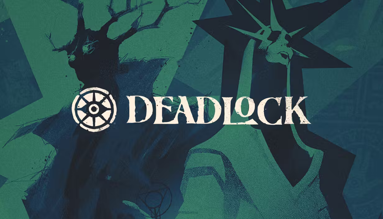 Wide teal and dark green painted artwork: two huge silhouettes loom over a city, one with antlers raising a fist, the other the Statue of Liberty's crowned head and torch; across the middle a wheel-shaped emblem with an eye and the word DEADLOCK in cream serif capitals.