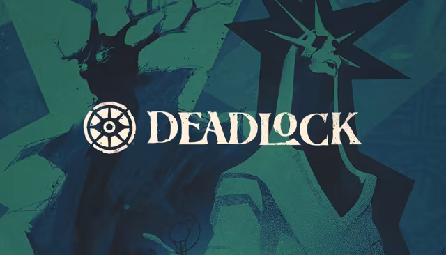 Wide teal and dark green painted artwork: two huge silhouettes loom over a city, one with antlers raising a fist, the other the Statue of Liberty's crowned head and torch; across the middle a wheel-shaped emblem with an eye and the word DEADLOCK in cream serif capitals.