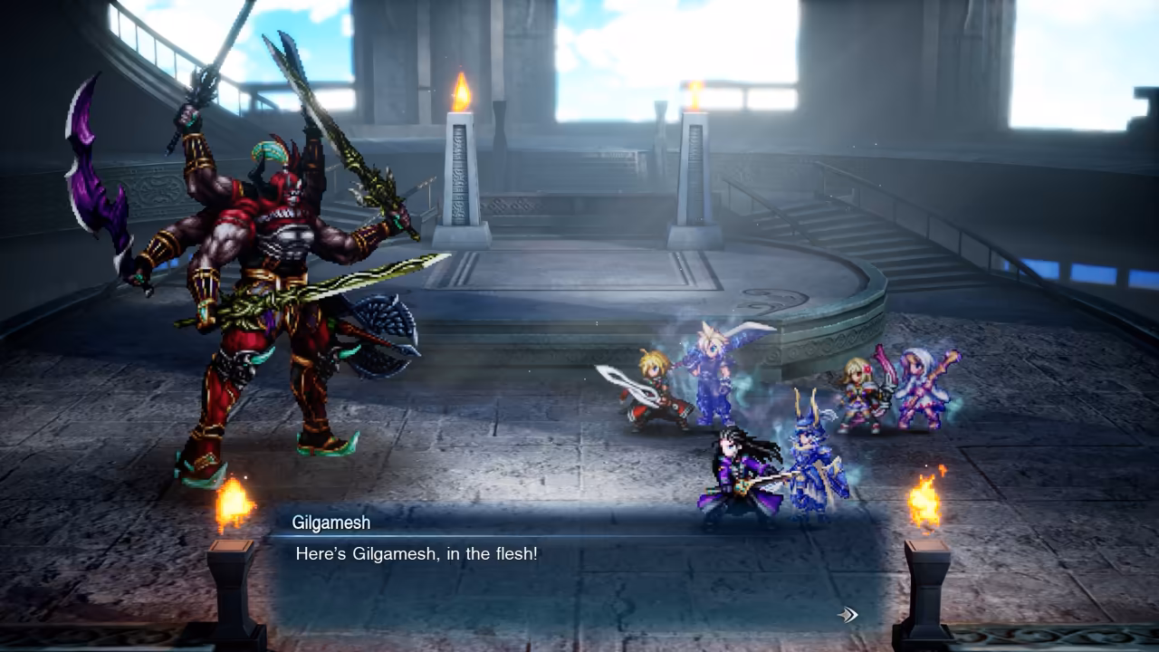 A tall red armored warrior with several arms, each holding a sword, stands at left in a pale stone hall with candles; the party of pixel characters stands at right, and a dialogue box reads Gilgamesh: Here's Gilgamesh, in the flesh!