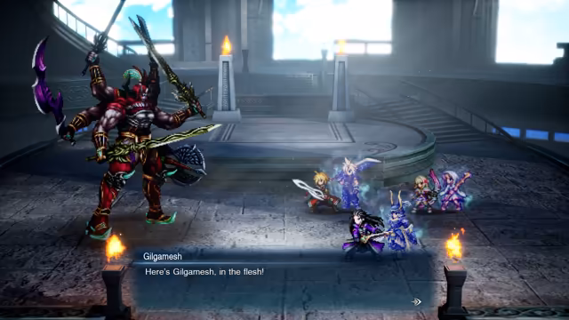 A tall red armored warrior with several arms, each holding a sword, stands at left in a pale stone hall with candles; the party of pixel characters stands at right, and a dialogue box reads Gilgamesh: Here's Gilgamesh, in the flesh!