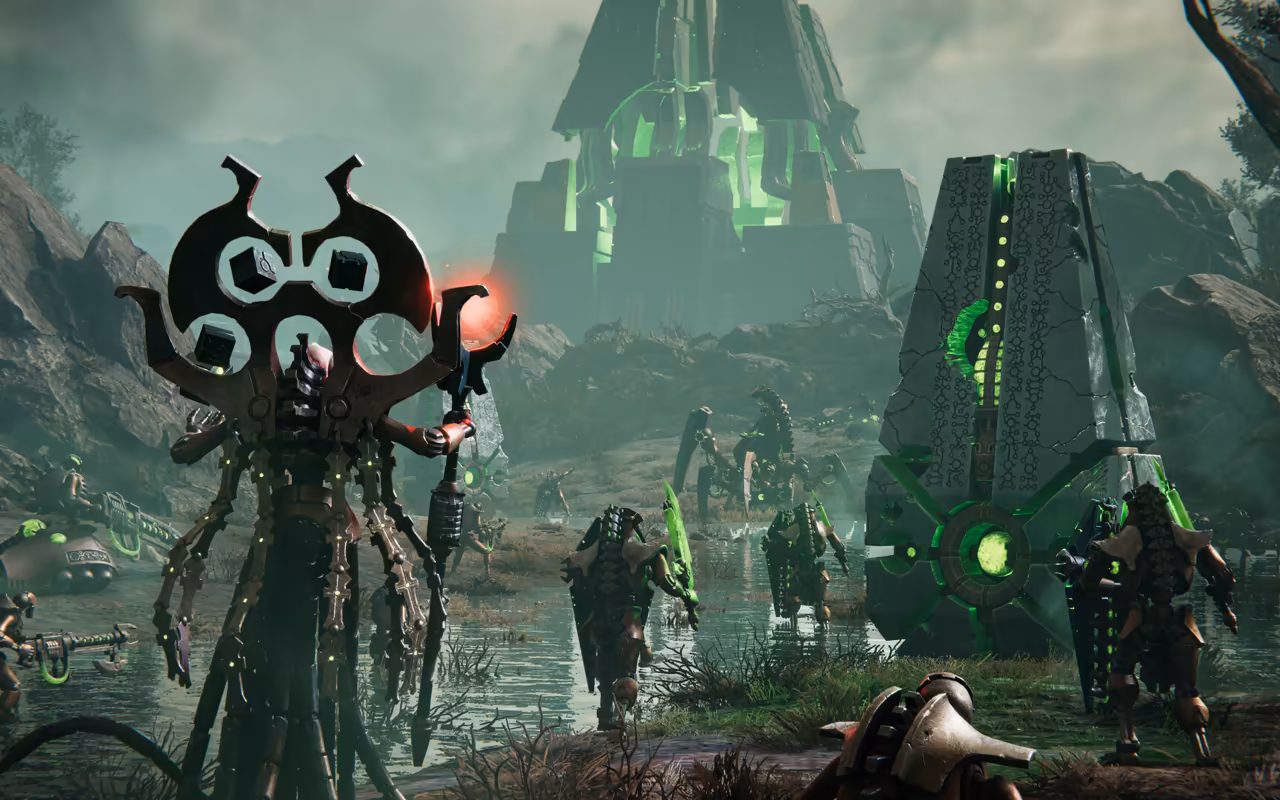 A teal, misty swamp; a robotic figure with a wide metal headdress at left, a green-lit monolith at right and a pyramid of light behind.