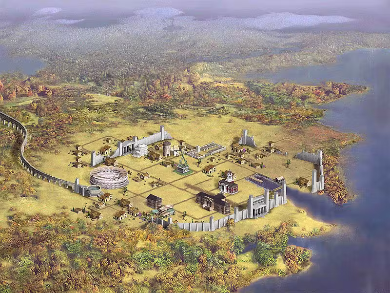 Painted overhead view of a walled city on a river plain beside the sea: a round colosseum, columned temples, rows of houses inside gray walls, and a long arched aqueduct curving in from the left.