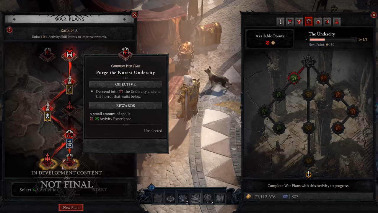 A game interface with a War Plans panel at left showing linked red and gold icons, a tooltip reading Purge the Kurast Undercity with Objective and Rewards, and a tree of round icons at right labeled The Undercity, over a top-down view of a paved plaza.