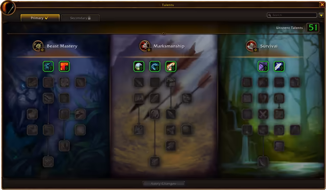 A Talents window with a Primary tab and a locked Secondary tab, and a counter reading Unspent Talents 51. Three columns of square talent icons sit on painted backgrounds: Beast Mastery over a snarling blue beast in the jungle, Marksmanship over flying arrows on a pale gold sky and Survival over a forest waterfall, with the first row of each tree lit in green and the rest grayed out.