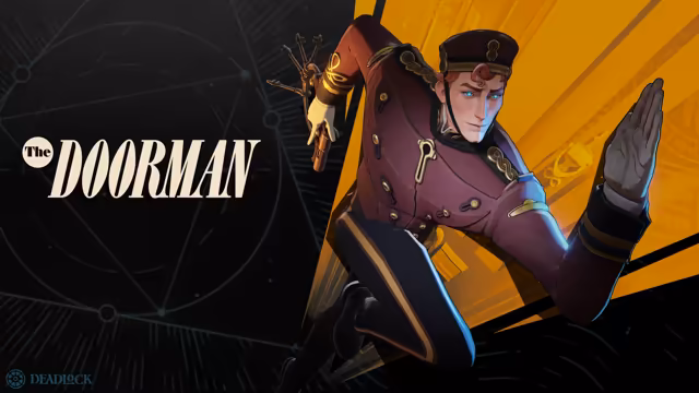 Painted young man in a burgundy hotel uniform with gold buttons and a peaked cap, one hand raised palm out and the other holding a ring of keys, on an orange background beside the words The Doorman.