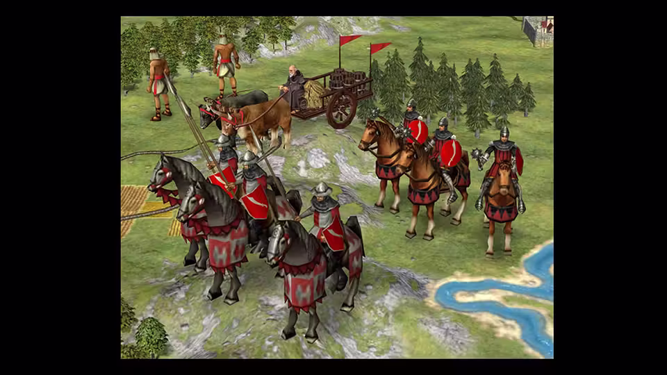 3D close-up of several mounted knights with lances and red shields, an ox-drawn cart with red pennants driven by a robed figure, and two men with spears at left, on grassland by a river.