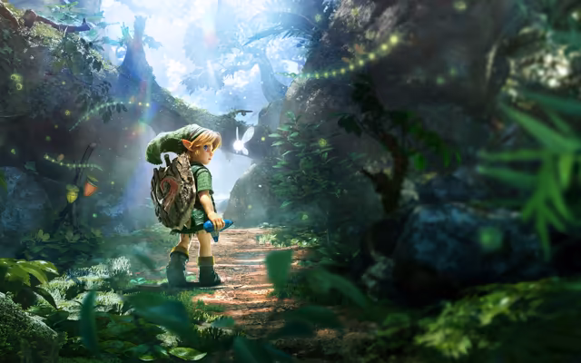 A blond boy in a long green cap and green tunic, a round wooden shield with a red swirl on his back, stands on a dirt path through a lush forest holding a blue ocarina, looking back over his shoulder toward a small glowing fairy. Sunbeams fall through towering mossy cliffs and trees, and strings of tiny green lights hang in the air.