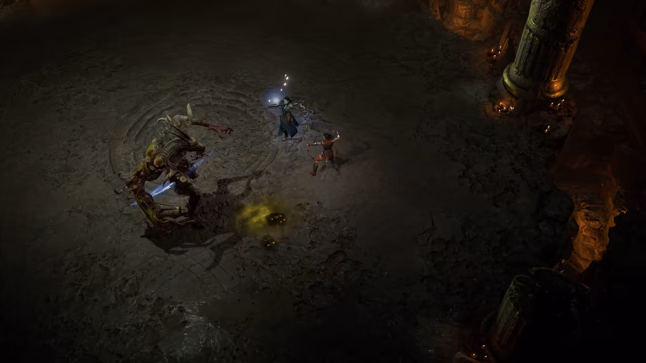 Top-down view of a dark stone floor with ripples of light. A figure in blue holds up a glowing staff and another in red draws a bow toward a skeletal creature with curved blades; a candle-lit pillar stands at right.