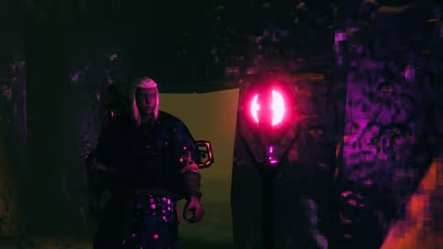 A pale-haired Viking in dark armor stands in a dim, black-stone room next to a waist-high iron stand holding a brightly glowing magenta core.