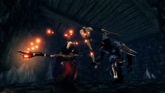 In a stone-walled room under a wooden ceiling, a Viking in a white headscarf and red skirt holds a glowing fire staff toward a huge dark Fuling with spiked shoulder guards and a bone club, while a small shaman with a staff rides on its back