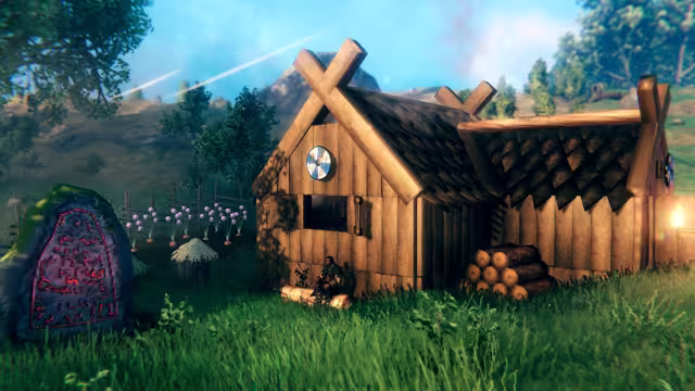 Wooden Viking houses with shingled roofs in a green meadow, a red-runed standing stone at the left.