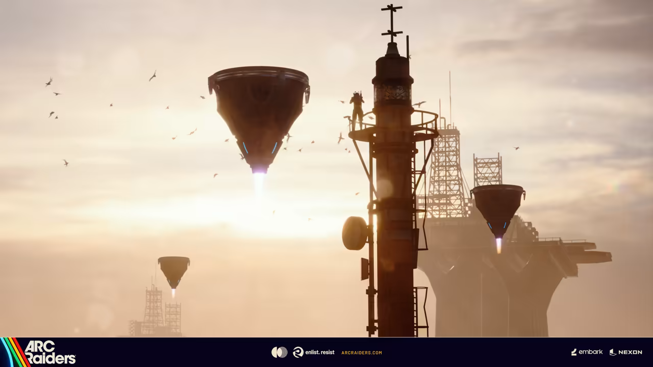 Silhouetted oil rig tower and birds, two large inverted cones with lit thrusters.