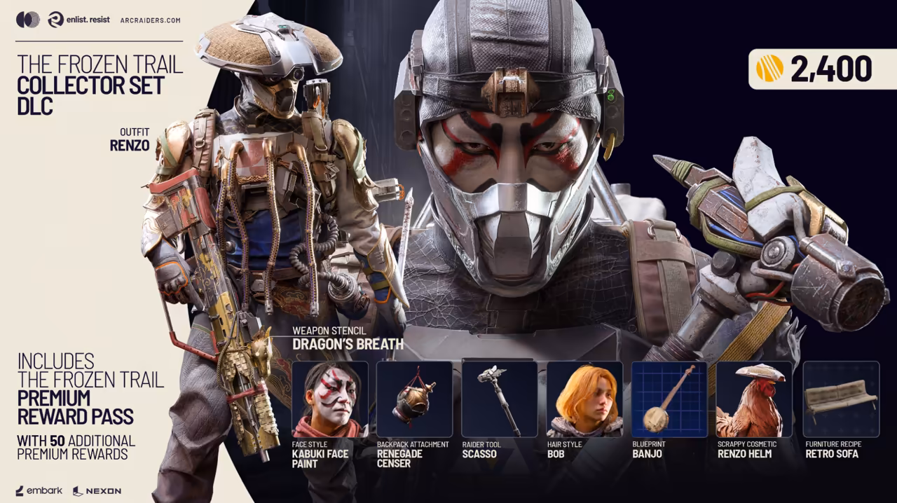 A poster of a Raider in a metal face mask with rows of small item tiles along the bottom.