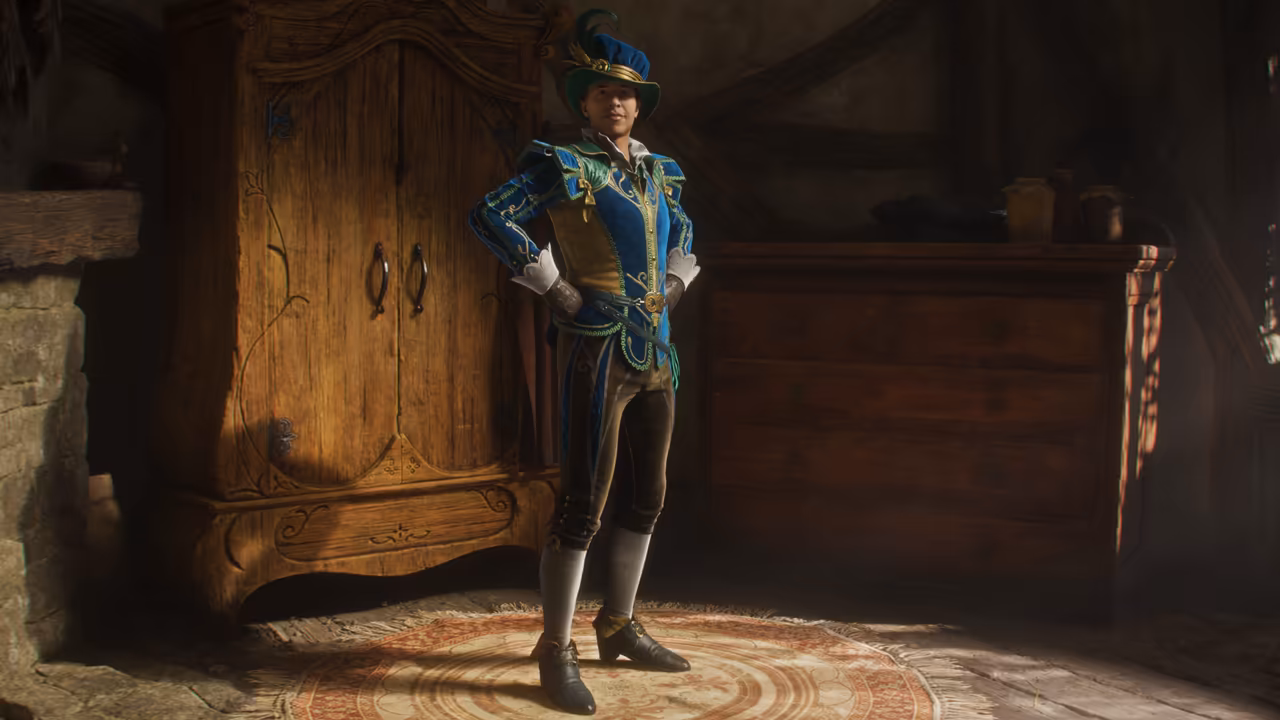 In a dim room with a carved wooden wardrobe and a long chest of drawers, a smiling person stands on a round patterned rug, hands on hips. They wear a tall blue hat with a green brim and a feather, a blue doublet embroidered in gold with green trim, a white collar and cuffs, dark breeches, white stockings and buckled shoes. Sunlight falls through a window at right. No game interface is shown.