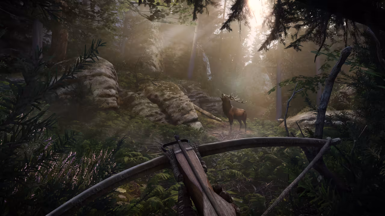 First-person view down a wooden crossbow at a stag with large antlers standing among ferns, pine trunks and pale rocks, light shafts falling through the trees.