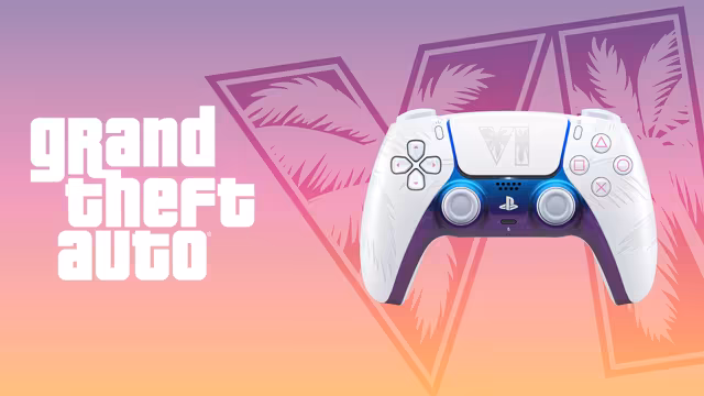 A white PlayStation DualSense controller with leaf patterns molded into its grips, pink face-button symbols, and a center strip shading from blue to purple, with the game's palm-tree logo faintly on its touch pad, shown beside a large white Grand Theft Auto logo over the game's numerals on a purple, pink and orange gradient.